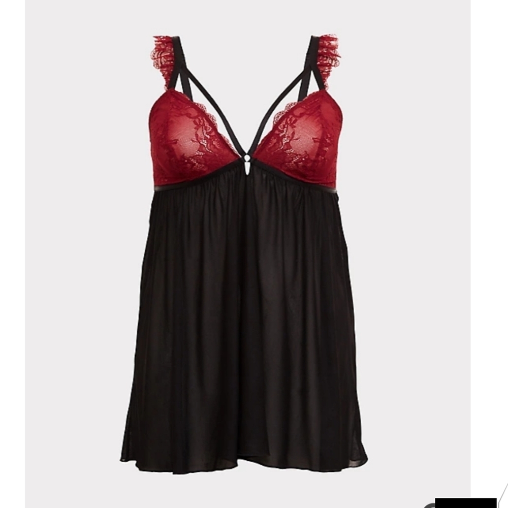 🆕BLACK & DARK RED LACE STRAPPY BABYDOLL
